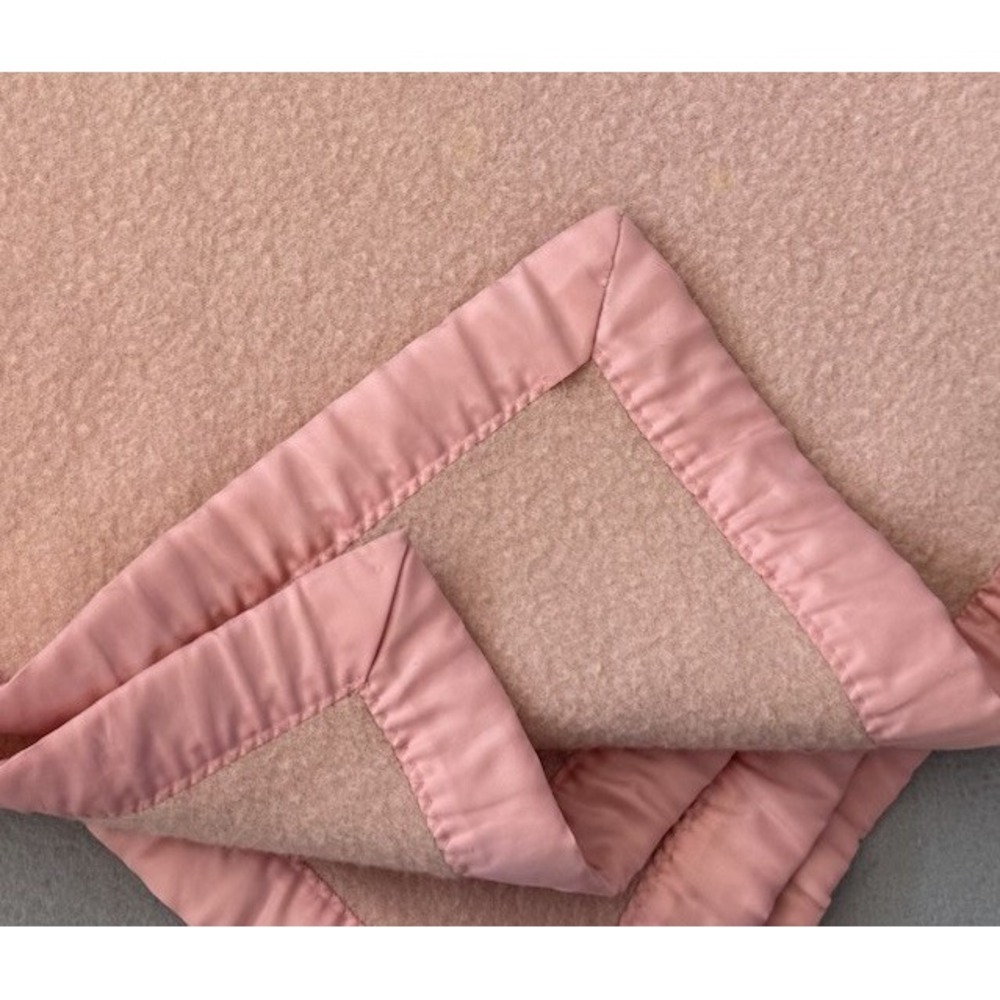 Vintage Wool Crib Blanket 38x52 Mauve Pink Satin Trim Mid-Century Modern